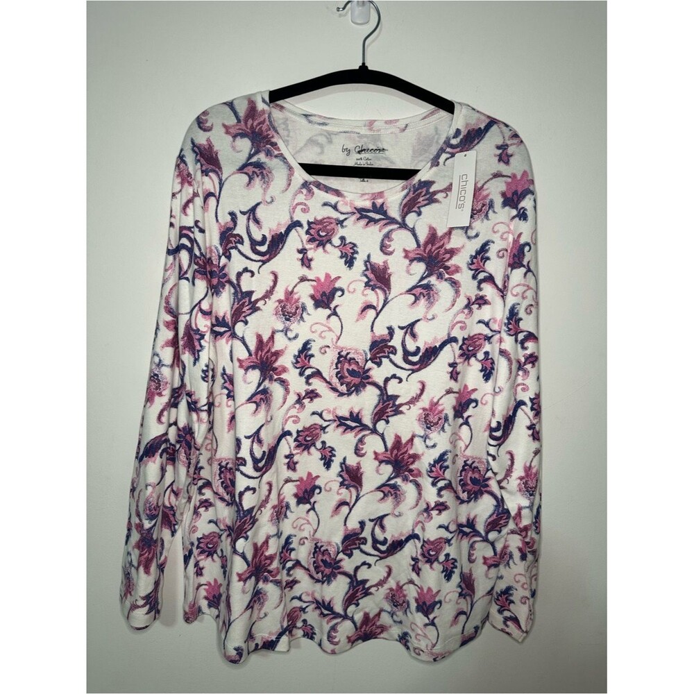 Chico’s Floral Scroll Scoop Neck Tee SZ 4 Long Sleeve‎ White/ purple